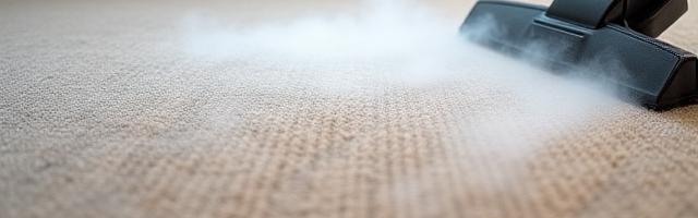 Cleaned carpet with visible steam, depicting carpet and upholstery cleaning.